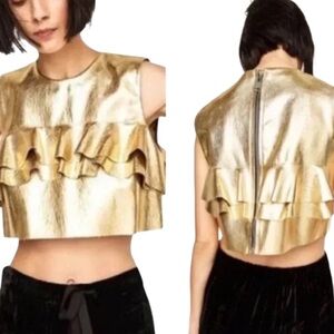 Sunday In Brooklyn Gold Faux Leather Sleeveless Ruffle Top Size Small NWT